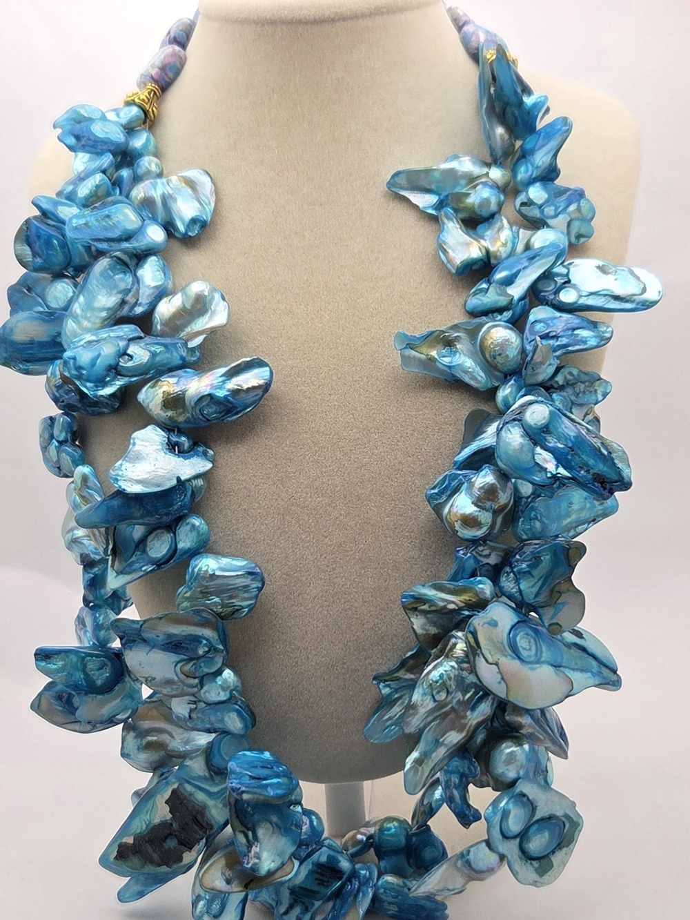 Statement Iridescent Blue Keshi Pearl & Jasper Bead Necklace 21" Natural Shell